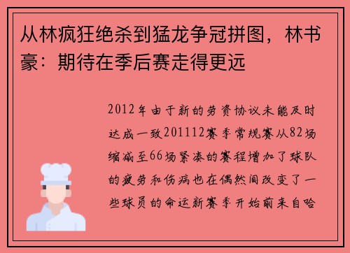 从林疯狂绝杀到猛龙争冠拼图，林书豪：期待在季后赛走得更远