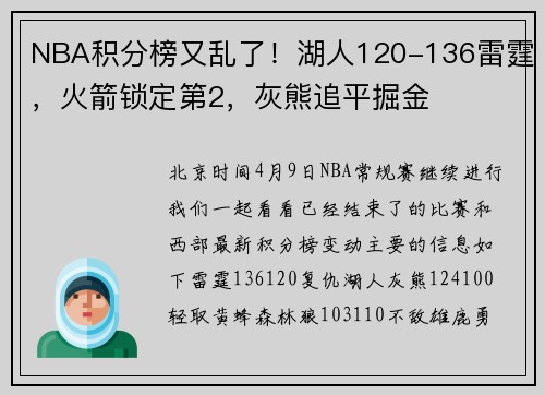 NBA积分榜又乱了！湖人120-136雷霆，火箭锁定第2，灰熊追平掘金